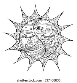 abstract sun face, sunny icon sign symbol, zentangle art hand drawn, vector illustration design