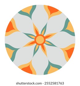 Estilo plano Abstractas del patrón de la flor del sol. Elemento de Vector aislado sobre fondo blanco. Repitiendo rayos de colores en un círculo. Color naranja brillante, amarillo, verde. Diseño de azulejos, tela, adorno, traje