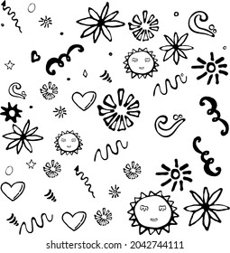 Abstract sun, flowers, arrows in handmade style for concept design. Illustration by Dowdle 