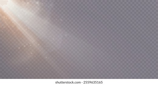 Abstract sun glare translucent rays glow with special glitter light effect. Bright movement of sun glare glow isolated on transparent background. Vector