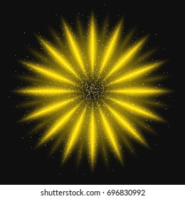 Abstract Sun Gold Powder on a Black Background. Luxury Golden Glittering Element with Sparkle Dust. Template with Effects for Banner, Card, Poster, Print. Vector Illustrations Art Design.