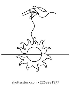 Abstract sun with hand as line drawing on white background. Vector