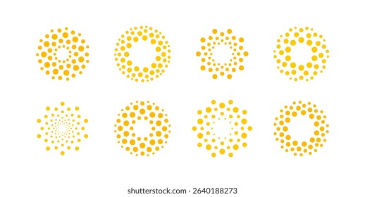 Abstract Sun Icon Set, Dotted Circular Shapes with Bright Sunny Look, Isolated Round Logo on White BG for Solar Energy, Vacation, Warm Weather Branding, Science and Technology. Vector Illustration