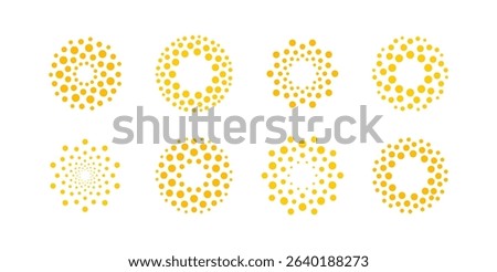 Abstract Sun Icon Set, Dotted Circular Shapes with Bright Sunny Look, Isolated Round Logo on White BG for Solar Energy, Vacation, Warm Weather Branding, Science and Technology. Vector Illustration