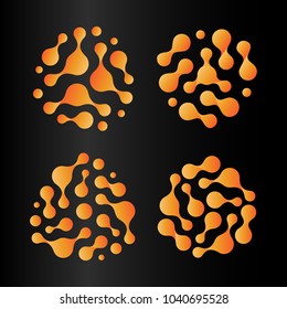 Abstract sun icon set, orange hot logos, isolated unusual bacterium shape. Radioactive element, atom technology, sunny shapes, vector illustrations on black background.