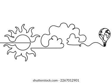 Abstract sun with light bulb as line drawing on white background. Vector