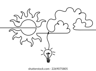 Sol abstracto con bombilla de luz como dibujo de línea sobre fondo blanco. Vector
