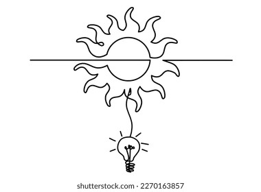 Abstrakte Sonne mit Glühbirne als Linienzeichnung auf weißem Hintergrund. Vektorgrafik