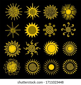 Abstract sun line icons.  Hand drawn sunshine objects. Suns symbols, summer sunshine outline illustrations, spring or sunny, sunlight or solar elements icon set isolated on black background