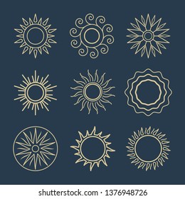 Abstract Sun Line Icons. Vector Suns Symbols, Summer Sunshine Outline Illustrations, Spring Or Sunny, Sunlight Or Solar Elements Icon Set Isolated On Blue Background