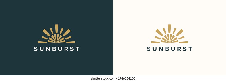 Abstract Sun Logo. Gold Sun Icon with Geometric Radial Rays of Sunburst isolated on Green and White Background. Usable for Business and Nature Logos. Flat Vector Logo Design Template Element.