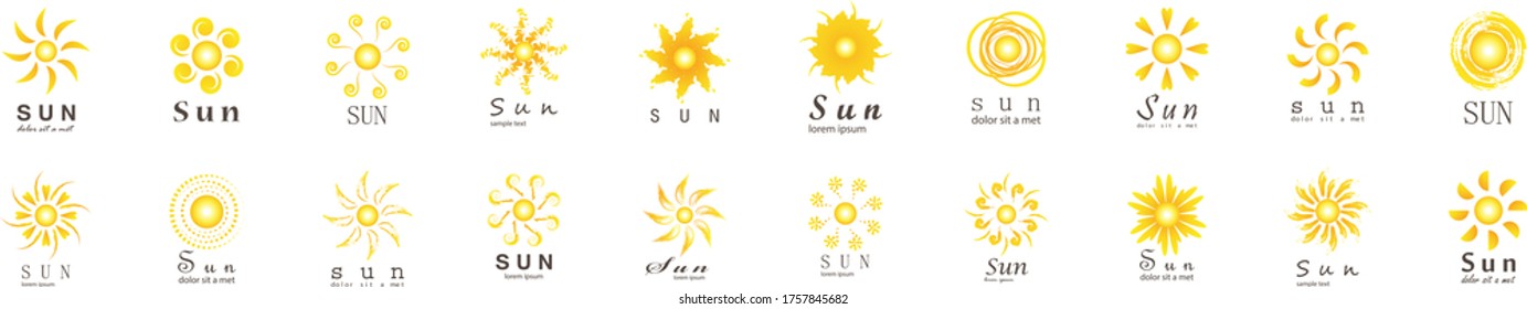 Abstraktes Sun-Logo und -Symbol-Set einzeln auf weißem Hintergrund, Vektorgrafik. Abstraktes Sonnenlogo und Symbole für Solar-Energy-Logos und Sunburst-Symboldesign. Abstrakte Sonne, Vektorgrafik