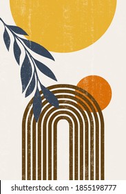 Abstract sun moon leaves print boho minimalist printable wall art geometric abstract sunset print bohemian art work, vector