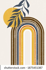 Abstract sun moon leaves print boho minimalist printable wall art geometric abstract sunset print bohemian art work, vector