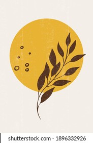 Abstract sun moon leaves print boho minimalist printable wall art geometric abstract sunset print bohemian art work, vector
