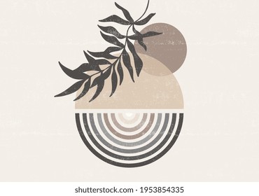 Abstract sun moon leaves print boho minimalist printable wall art geometric abstract sunset print bohemian art work, vector