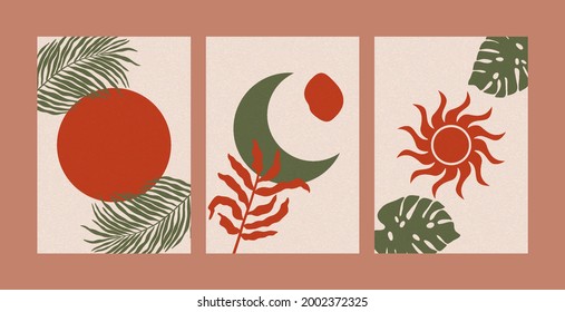 Abstract sun moon plant backgrounds. Boho posters contemporary aesthetic, mid century wall art prints. Vector illustration