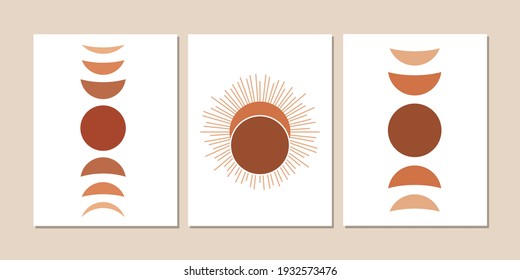 Abstract sun moon poster set. Set of geometrical abstract prints in modern boho style. Burnt Orange, Earth tones geometric wall art. Vector.