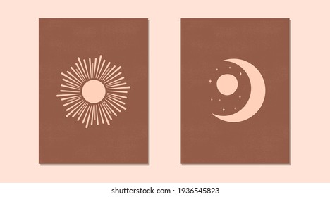 Afiche de la luna de sol abstracto. Fondo contemporáneo minimalista con decoración moderna de estilo boho. Imagen vectorial.