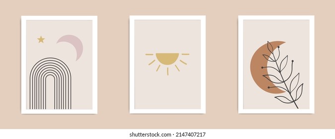 Afiche de la luna de sol abstracto. Marco contemporáneo minimalista de estilo boho moderno. Decoración de pared de mediados del siglo, huella de arte vectorial. Vector