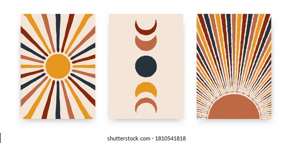 Abstract sun moon posters. Contemporary backgrounds, set of covers modern boho style. Mid century wall decor, vector art print.