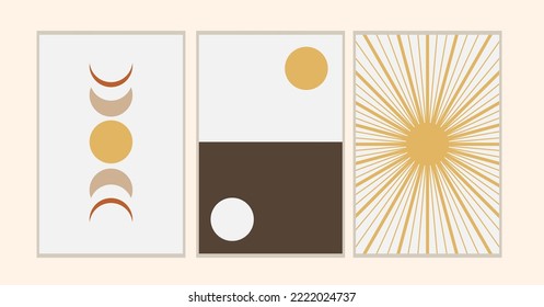 Abstract sun moon posters. Contemporary backgrounds, set of covers modern boho style. Mid century wall decor, vector art print.
