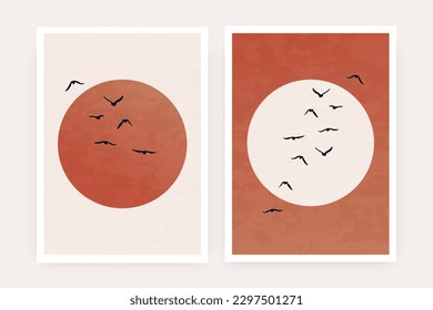 Abstract sun moon posters. Contemporary nature sunrise with birds silhouettes art print, minimal wall decor. Vector set