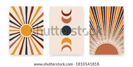 Abstract sun moon posters. Contemporary backgrounds, set of covers modern boho style. Mid century wall decor, vector art print.