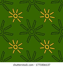 Abstract sun on a green background, seamless pattern, texture for design, vector illustration