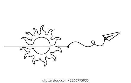 Abstract sun with paper plane as line drawing on white background. Vector