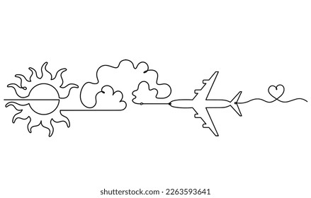 Abstract sun with plane as line drawing on white background. Vector