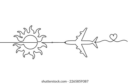 Abstract sun with plane as line drawing on white background. Vector