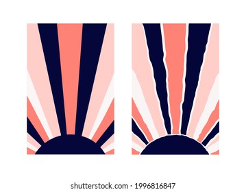 Abstract sun. A poster in the boho style, the style of cut paper. Sunset, sunrise. Vintage and modern geometric composition set. for printing postcards. Artistic printing. Vector illustration.