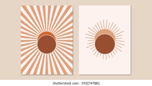 Abstract sun poster set. Boho contemporary geometric background. Mid century wall decor, vector art print.