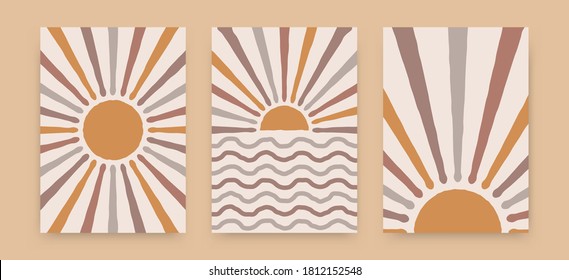 Abstract sun posters. Boho contemporary backgrounds, beige covers trendy mid century style. Geometric wall decor, vector illustration.