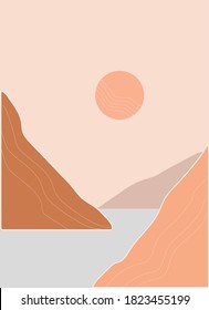 Abstrakte Sun Print, Mountains Boho Poster, Landschaftsbild Kunst, Sonne, Meer, Hügel