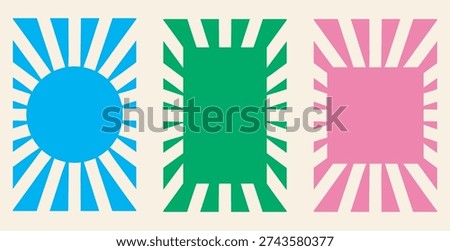 Abstract Sun ray ornament frame set, geometric modern graphic style, circle square rectangle shape, text space box. Colourful modern vector illustration, white background