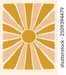 Abstract Sun Ray Retro Background. Summer Groovy Sunshine Wave Vector Illustration. Trendy Cute Sunbeam Wallpaper. Funky Naive Geometric Poster Decoration. Contemporary Spiral Boho Sun Rays Print.