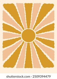 Abstrakter Sun Ray Retro-Hintergrund. Sommer groovy Sonnenschein Welle Vektorgrafik. Trendy süße Sonnenstrahl Tapete. Funky naive geometrische Poster Dekoration. Zeitgenössische Spirale Boho Sun Rays Print.