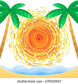 Abstract sun, sea, palm. Template of magazine, poster, book cover, banner, flyer, booklet, brochure. Summer holidays. Vector illustration.