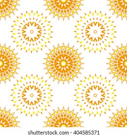 Abstract sun Seamless Vector Pattern. Modern geometric ornamental background with small yellow shapes in circle ornament. Bright illustration. Ethnic seamless ornament Print design