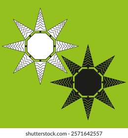 Abstract sun shapes. Geometric vector stars. Black and white contrast. Green background design.