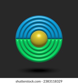 Abstract sun, sky and green grass eco farm 3d logo of round shape, convex shape made of latex material.