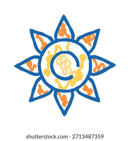 Abstraktes Sonnensymbol-Doodle-Design, das eine stilisierte Sonne mit rauen blauen Umrissen, organische gelbe und orangefarbene Füllung, lebendige Energie und ein handgezeichnetes künstlerisches Aussehen darstellt