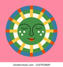 Abstract sun symbol with face. Drawn character of ethnic style. Vintage color illustration with ethnic style elements. Sticker for decor, logo, printing, textiles, packaging. Isolated vector element.