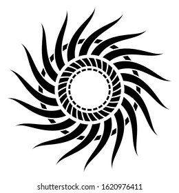 Abstract sun symbol, isolated on white background. Circular, radial abstract geometric rays, flame, burst. Geometric elements. Logo, sign. Vector monochrome illustration.