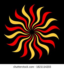 Abstract sun symbol, isolated on black background. Circular geometric rays, flame, burst. Geometric elements. Logo, sign. Vector color illustration.