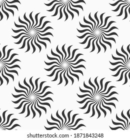 Abstract sun symbol seamless pattern.Texture with circular geometric rays, flame, burst, isolated on white background. Vector monochrome background.
