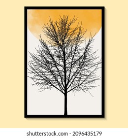 Abstract Sun Tree Yellow Art  Watercolor Wall Painting Posters and Prints Nordic Murals Vector Art Print.