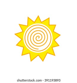 Abstract sun vector logo, yellow orange happy sun cartoon style and spiral emblem, simple flat symbol modern design, sun icon illustration concept isolated on white background